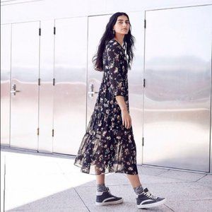 Madewell Sheer Button-Front Tier Midi Dress in Carnation Toss Floaty Floral Slip